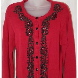 Vintage Dress Barn Red with Black Beaded Design Button Up Cardigan Size Small